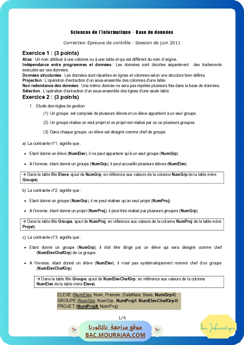 Corrigé controle bd Bac 2011 – Section info